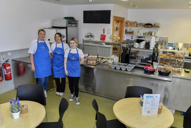 Staff members Sarah, Leah and Louise pictured in the newly opened Cloisters Café based in Aras Cholmcille in the grounds of St Columbas Long Tower Church. Photo: George Sweeney