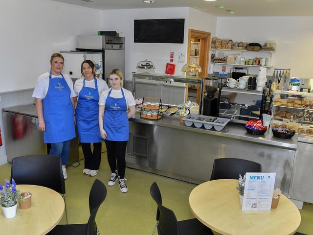 Staff members Sarah, Leah and Louise pictured in the newly opened Cloisters Café based in Aras Cholmcille in the grounds of St Columbas Long Tower Church. Photo: George Sweeney