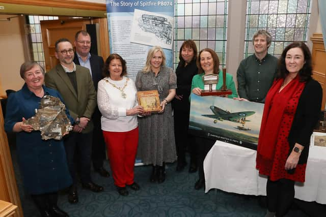 Mayor of Derry and Strabane, Councillor Patricia Logue, pictured with Philippa Charles, director of the Garfield Weston Foundation on a special visit to the city last week when she had the opportunity to visit the Guildhall and the Tower Museum. The Garfield Weston Foundation is one of a number of key funders of the new DNA (Derry~Londonderry on the North Atlantic) Museum project planned for Ebrington Square. Included on left are Margaret Edwards, Museum staff, Jonny McNee (aviation historian), Stephen Gillespie (DCSDC), and from right, Roisin Doherty, Ronan McConnell (both Museum staff), Aeidin McCarter (DCSDC), and Jenny O'Donnell (DCSDC). (Photo - Tom Heaney, nwpresspics)