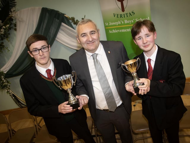 Mr Gerry Beattie, Senior Teacher, pictured with award winners Michael Coyle and Logan Roddy at the St. Joseph's Annual Prizegiving. (Photos: Jim McCafferty Photography) : .