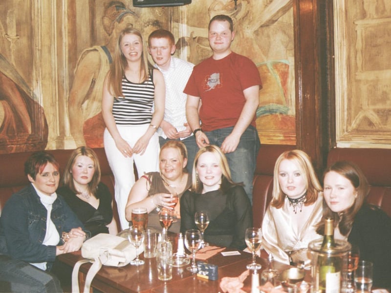 Enjoying the craic at the joint birthday party in the Bowling Alley were Front Row L/R:- Lucia Martin, Amanda Curran, Zara Ferguson, Colleen Curran, Amanda Curran and Michelle Curran. Back Row L/R:- Laura D'Arcy, Aaaron Curran and Mark Robinson. 010503HG7   