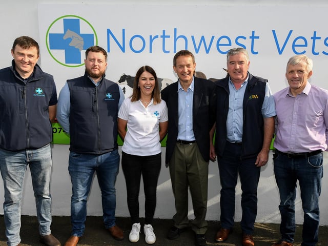 Pictured at the official opening and open day for Northwest Vets at Moness, Burt are veterinary surgeons Michael Doherty and Niall McSharry, Maria Barron, practice manager, Gerard Roarty, veterinary surgeon, Joe Sweeney, chair IFA and Brendan McLaughlin. Photo: George Sweeney