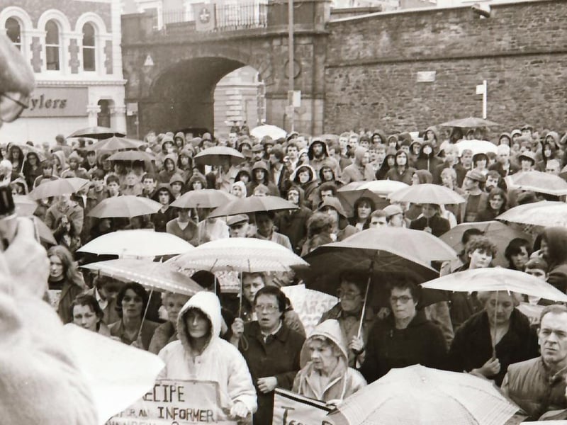 Addressing the crowds at a Citizens Against Show Trials march and rally in Guildhall Square.