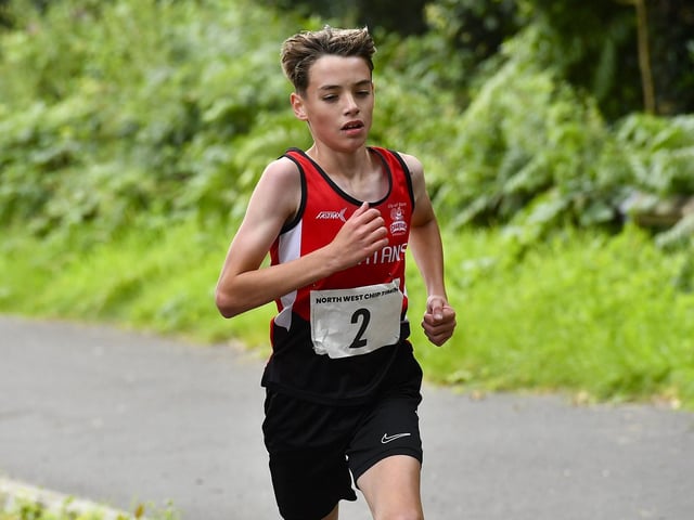 Paul Devine, City of Derry Spartans, competes in the Muff Feile 5K on Saturday morning. Photo: George Sweeney