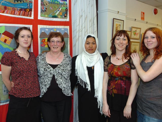 From left, Cathy Keaveney, Jean O'Donnell, Sedigh Mahjoub, Roisin O'Donnell and Clare O'Donnell with one the the quilts they produced on show at the Eden Place Arts Centre exhibition. (0307PG76)