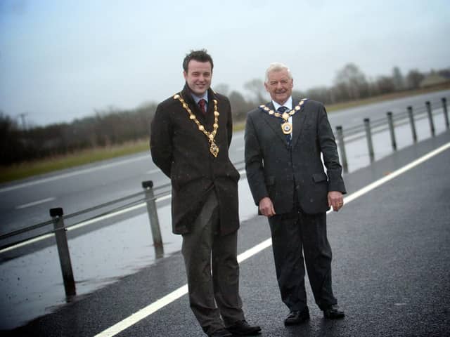 The late former Mayor of Limavady, Councillor Michael Carten, pictured with the then Mayor of Derry, Councillor Colum Eastwood, at the official opening of the A2 Road. (2402SL12) Photo: Stephen Latimer