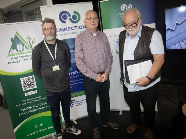 THE EXODUS. . . . .Group pictured at Monday's Connections Peace Barrier Project "Did Ye Hear About?" at the Gasyard. Included on left, Chris McDonagh, co-ordinator, Pat McArt, host and Brian Dougherty, author 'The Exodus.' (Photos: Jim McCafferty Photography) : .