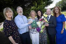 Mrs. Maureen Maher pictured on Thursday last on the occasion of her retirement after 23 years service at St. Brigid's Primary School. Included from left are Mrs Cora McDermott, Mr. Paul O Doherty Acting Principal, Mrs Maureen Maher, Mr. Mark Doherty, Ms. Lynsey Thompson and Mrs. Tina Ruddy. (Photos: Jim McCafferty Photography).