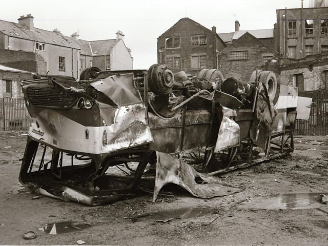 The aftermath of rioting in Derry during which the Post Office sorting office was burnt down.
