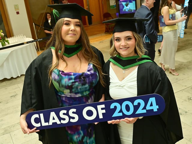 Class of 2024! Friends celebrating together at Ulster University Derrygraduations, Olivia Larkin graduating in BSc (Hons) Personalised Medicine alongside Aoife Campbell in BSc (Hons) Occupational Therapy.
