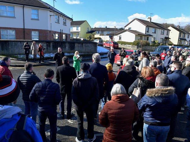Ciara Ferguson MLA addressing a protest outside BBC Radio Foyle, on Northland Avenue, on Friday afternoon, against planned changes to station’s schedule and the risk of redundancies. Photo: George Sweeney. DER2310GS – 034
