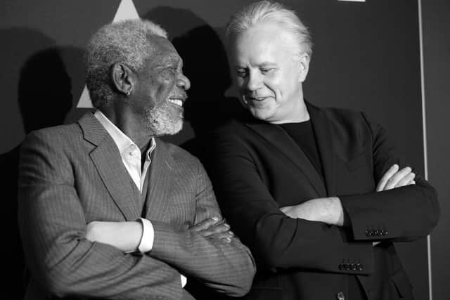 BEVERLY HILLS, CA - NOVEMBER 18:  (EDITORS NOTE: Image has been converted to black and white.)   Actors Morgan Freeman (L) and  Tim Robbins arrive at the Academy Of Motion Picture Arts And Sciences' 20th Anniversary Screening Of "The Shawshank Redemption" at AMPAS Samuel Goldwyn Theater on November 18, 2014 in Beverly Hills, California.  (Photo by Valerie Macon/Getty Images)
