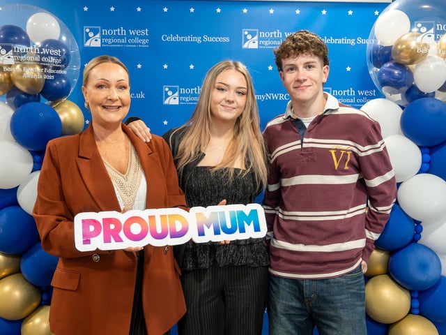 Eve Gorman pictured with Elaine Gorman and Harry Lavery at the Best in Further Education awards held at North West Regional College in Strand Road.