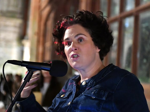 The SDLP's Claire Hanna MP, speaking at the Rally for Women's Safety held in the Guildhall Square on Friday evening. Photo: George Sweeney