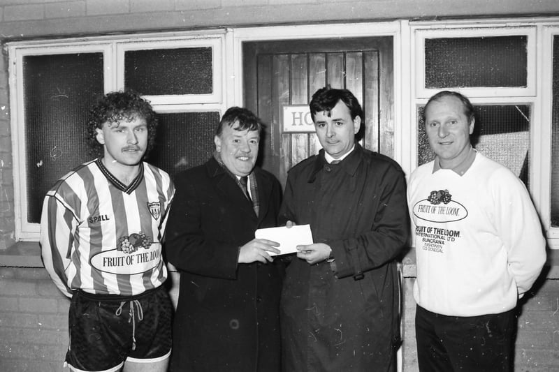 City striker Johnny Speak and manager Roy Coyle with Chairman Jackie McCauley at a pre-match presentation.