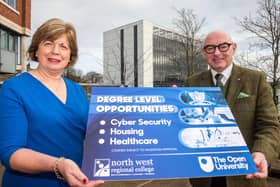 Dr Catherine O’Mullan, NWRC Director of Curriculum and Academic Standards and  John D’Arcy, Director of The Open University in Ireland, launch this unique educational partnership which is set to enhance the future career aspirations of learners across the North West. (Picture Martin McKeown)