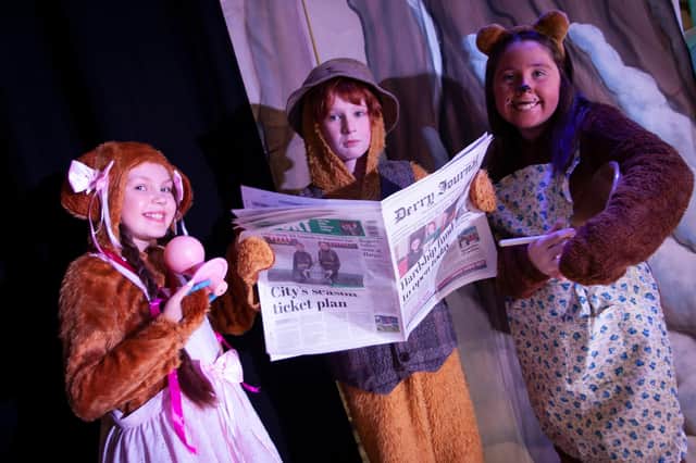 Marie Sophie O’Doherty, Fiann Morrin, Aoibhinn Stewart as Baby Bear, Daddy Bear and Mammy Bear in  Alas in Blunderland  pictured during the Foyle School of Speech and Drama final rehearsal for this year’s Christmas Show at the Millennium Forum. (Photos: Jim McCafferty Photography)