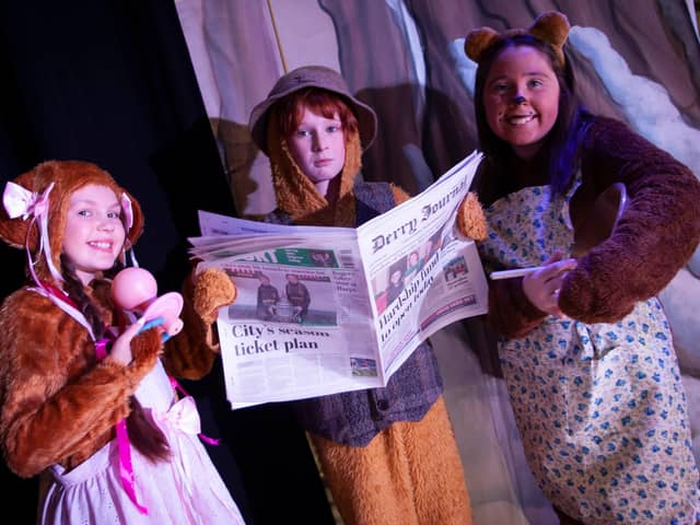 Marie Sophie O’Doherty, Fiann Morrin, Aoibhinn Stewart as Baby Bear, Daddy Bear and Mammy Bear in  Alas in Blunderland  pictured during the Foyle School of Speech and Drama final rehearsal for this year’s Christmas Show at the Millennium Forum. (Photos: Jim McCafferty Photography)