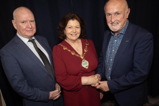 The Mayor of Derry City and Strabane District Council, Patricia Logue welcoming Mr. Alfie Wylie, special guest, to the D&D Annual Ladies awards on Saturday night at the City Hotel, Derry. On left is the Mayor's husband, James. 
