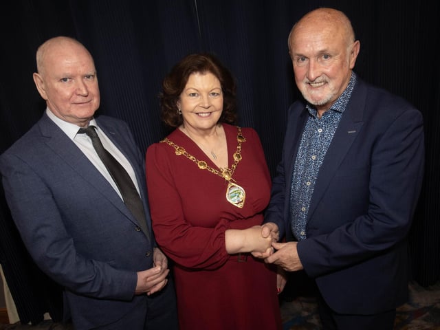 The Mayor of Derry City and Strabane District Council, Patricia Logue welcoming Mr. Alfie Wylie, special guest, to the D&D Annual Ladies awards on Saturday night at the City Hotel, Derry. On left is the Mayor's husband, James.