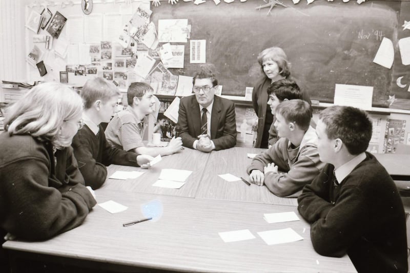 St Peter's High School students chatting with John Hume back in November 1994.