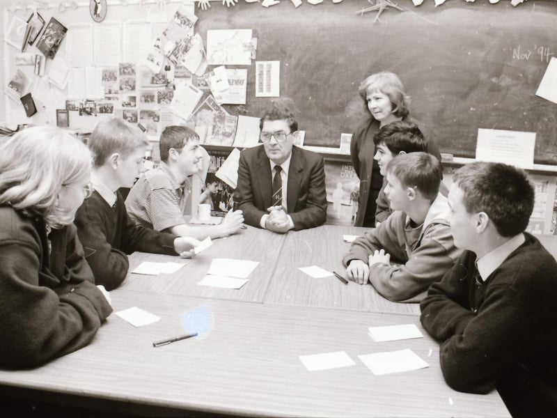 St Peter's High School students chatting with John Hume back in November 1994.