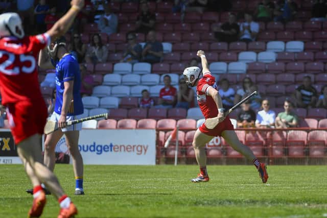 Derry’s Cormac O’Doherty celebrates his first half goal against Wicklow. Photo: George Sweeney