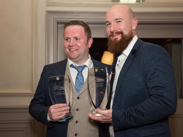 Gary McKeague, Emplyee of the Year and Bryan McCandless, Retailer of the Year from Mark 2 Menswear at the Carndonagh Traders Business and Community Awards in the Ballyliffin Lodge Hotel on Saturday night last. Photo Clive Wasson.