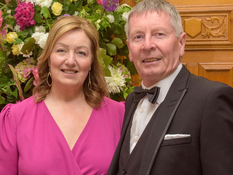 The Mayor Councillor Patricia Logue hosted the annual Mayor’s Ball in the Guildhall in aid of her crossed Charities the Foyle Hospice and Ryan McBride Foundation. Pictured at the event are guests, Louise and Noel McMonagle, Foyle Hospice. Picture Martin McKeown. 24.05.24