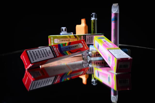 Disposable vapes back in 2024, when then British Prime Minister Rishi Sunak first announced details of a ban. (Photo by Leon Neal/Getty Images)
