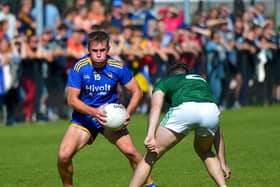 Steelstown’s Eoghan Bradley is challenged by Newbridge’s desmond McColgan at Pairc Brid on Saturday afternoon last.  Photo: George Sweeney.  DER2236GS – 