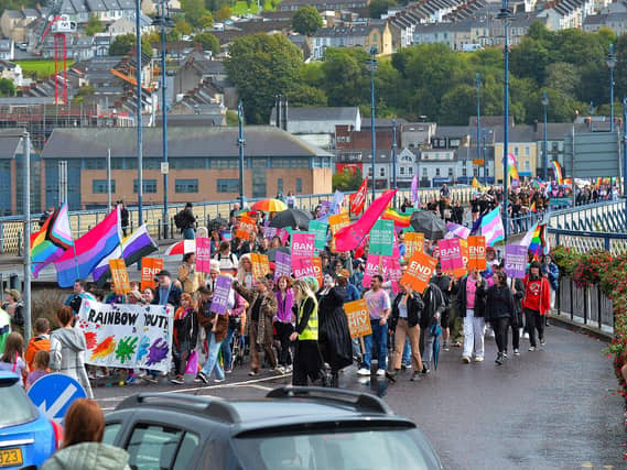The 2024 Foyle Pride Parade on Craigavon Bridge. Photo: George Sweeney