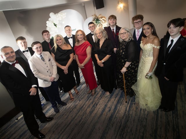 Group pictured at the St. Joseph's Boys School Annal Formal at the Waterfoot Hotel on Friday night last. Front from left, Mr. Gerry Beattie, Senior Teacher, Evan Curran, Mrs. Ciara Deane, Principal,  Mrs. Carla Hagan, Senior Teacher, Mrs. Fiona Harrigan, Vice Principal, Mrs. Paula Dillon, Ainara Hutechson and Jordan Kelly. Back from left, Michael McGavigan,Oran Radcliffe, Caoidain Morrison, Adam McKinney, Declan Barr and Tristan Doran. (Photos: Jim McCafferty Photography) : .