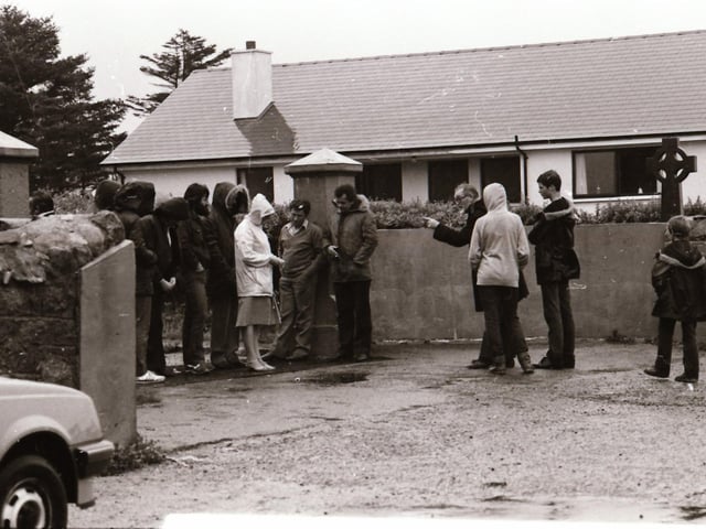 Derry Irish language activist Proinsias Ó Mianáin and committee members from the group he founded Cearta Gael at Cnoc Fola, Bloody Foreland. They made headlines as they protested calling for Mass to be delivered as gaeilge.
