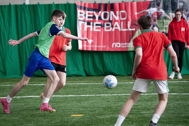 Action from the opening game in Friday's Rio Ferdinand Partnership launch tournament between Buncrana Youth Club and Leitrim 'B' Youth Club.