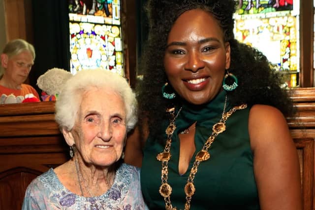 100 years old Margaret Robinson with Mayor Lilian Seenoi Barr at the Mayor's final Tea Dance held in the Guildhall. (Photo - Tom Heaney, nwpresspics)
