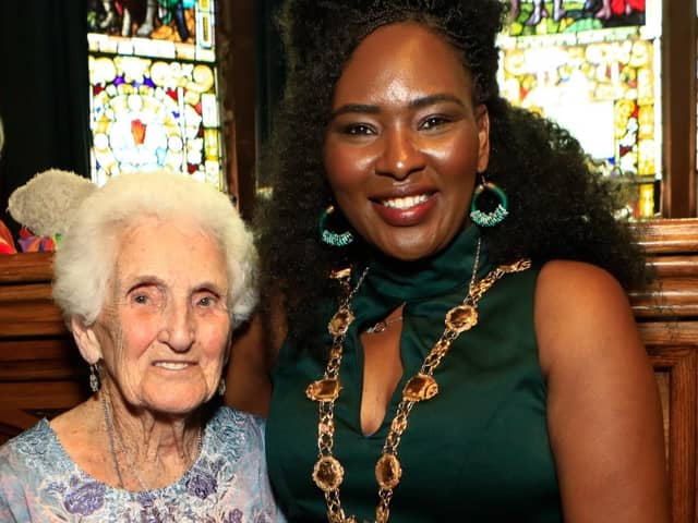 100 years old Margaret Robinson with Mayor Lilian Seenoi Barr at the Mayor's final Tea Dance held in the Guildhall. (Photo - Tom Heaney, nwpresspics)
