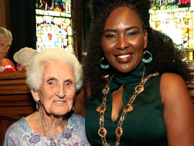 100 years old Margaret Robinson with Mayor Lilian Seenoi Barr at the Mayor's final Tea Dance held in the Guildhall. (Photo - Tom Heaney, nwpresspics)