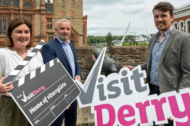 Jennifer O’Donnell, Tourism Manager at Derry City & Strabane District Council, Odhran Dunne, Chief Executive at Visit Derry and David Gilliland, managing partner at Brook Hall Estate. Picture Martin McKeown. 16.06.26