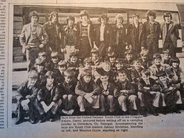 The caption reads: "Boys from the United Nations Youth Club in the Creggan Estate, Derry, pictured before setting off on a camping holiday to Gwedore, Co. Donegal. Accompanying the boys are youth club leaders Johnny Kivlehan, standing on the left and Maurice Coyle, standing on right."