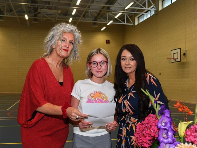 Thornhill College student Ellen McDevitt, who achieved A* A* A in her A Level results, pictured with principal Ms Mallett and senior teacher Ms Byrne. Photo: George Sweeney