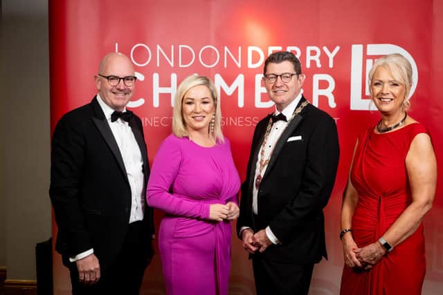 Darragh McCarthy, CEO, FinTrU (event sponsor); First Minister Michelle O'Neill MLA; Greg McCann, President, Derry Chamber; Anna Doherty, Chief Executive, Derry Chamber