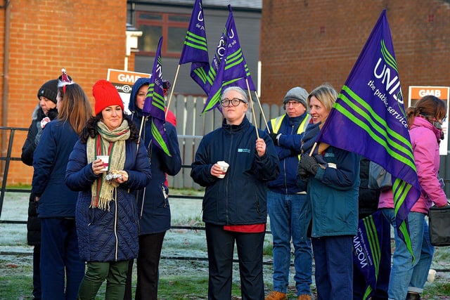 Health and care workers from NIPSA, UNISON and GMB trade unions, campaigning for fair pay and conditions, take part in industrial action at Altnagelvin Hospital on Monday morning.  Photo: George Sweeney. DER2250GS – 01