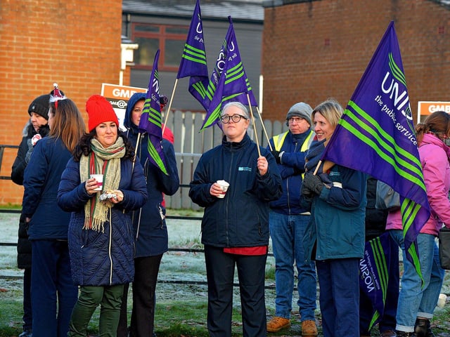 Health and care workers from NIPSA, UNISON and GMB trade unions, campaigning for fair pay and conditions, take part in industrial action at Altnagelvin Hospital on Monday morning. Photo: George Sweeney. DER2250GS – 01