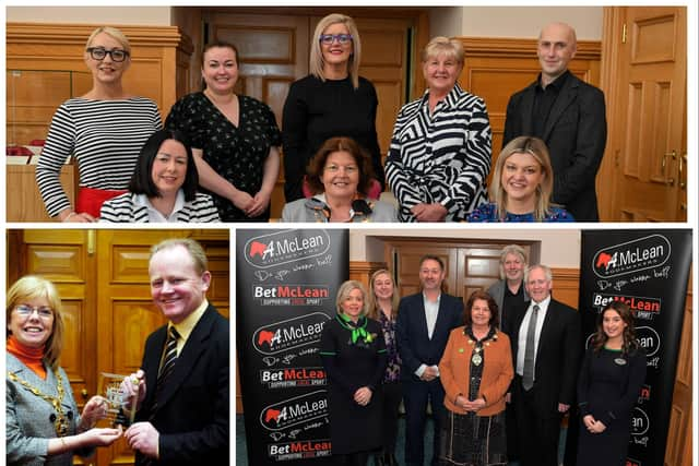 Top: Sponsors pictured at the recent launch of the Derry Journal People of the Year Awards in the Guildhall. Seated, from left, Donna Mattewson, Apex, Mayor Patricia Logue and Erin McFeely, Alchemy Technology Services. Stand, from left, Jacqui Diamond, Derry Journal, Annie Allen, NW Care, Prof Laura McCauley, Ulster University, Susan Moore, NW Care and Brendan McDaid, Derry Journal Digital Editor. Photo: George Sweeney. Bottom Left: Back in 2007 Martin MCGuinness pictured receiving an award from Mayor Helen Quigley. Bottom right: Pictured at the recent launch of the Derry Journal Best of Derry BetMcLean Awards in the Guildhall are, from left, Yvonne Greer, Specsavers, Louise Strain, Derry Journal, Steve Frazer, Managing Director of City of Derry Airport, Mayor Patricia Logue, William Allen, Senior Editor National World, Paul McLean, principle sponsor and Managing Director of Betmclean and Stacey Elliott, Specsavers.  Photo: George Sweeney