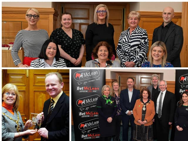 Top: Sponsors pictured at the recent launch of the Derry Journal People of the Year Awards in the Guildhall. Seated, from left, Donna Mattewson, Apex, Mayor Patricia Logue and Erin McFeely, Alchemy Technology Services. Stand, from left, Jacqui Diamond, Derry Journal, Annie Allen, NW Care, Prof Laura McCauley, Ulster University, Susan Moore, NW Care and Brendan McDaid, Derry Journal Digital Editor. Photo: George Sweeney. Bottom Left: Back in 2007 Martin MCGuinness pictured receiving an award from Mayor Helen Quigley. Bottom right: Pictured at the recent launch of the Derry Journal Best of Derry BetMcLean Awards in the Guildhall are, from left, Yvonne Greer, Specsavers, Louise Strain, Derry Journal, Steve Frazer, Managing Director of City of Derry Airport, Mayor Patricia Logue, William Allen, Senior Editor National World, Paul McLean, principle sponsor and Managing Director of Betmclean and Stacey Elliott, Specsavers.  Photo: George Sweeney