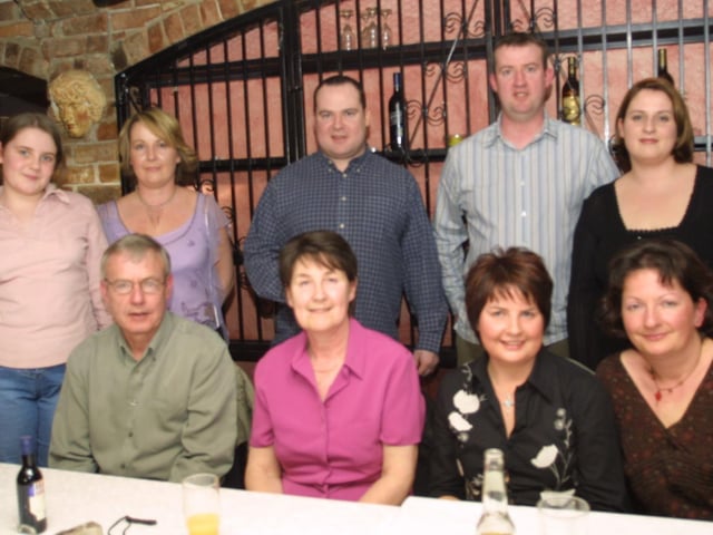 Eamonn (centre back) pictured with family members during his party in Rafters.  Inlcuded in photo are seated are parents Mickey and Mary, Patricia Lynch and Islobel Lynch.  Standing are sisters Lauren, Roisin, brother Martin and sister Catherine.  (2503JM06):.