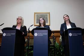 The Northern Ireland Executive agrees on a budget for the year ahead.  The parties agreed a spending plan for this financial year, with about £14.5bn for day-to-day spending and around £1.8bn for capital spending.Left to right.  First Minister Michelle O’Neill, Finance Minister Caomihe Archibald and Deputy First Minister Emma Little-Pengelly speak to the media at Stormont Castle to announce the budget. Photo by Jonathan Porter/Press Eye