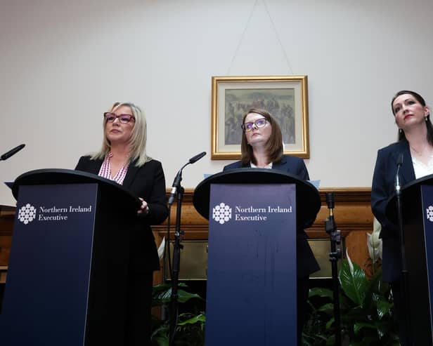 The Northern Ireland Executive agrees on a budget for the year ahead.  The parties agreed a spending plan for this financial year, with about £14.5bn for day-to-day spending and around £1.8bn for capital spending.Left to right.  First Minister Michelle O’Neill, Finance Minister Caomihe Archibald and Deputy First Minister Emma Little-Pengelly speak to the media at Stormont Castle to announce the budget. Photo by Jonathan Porter/Press Eye