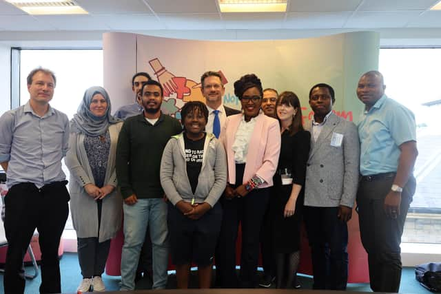 From left: Daniel Holder, Naomi Green, Al Albawab, Ahmed Osama, TJ Mushapho, Steve Baker MP, Lilian Seenoi Barr, Monadel Bazzara, Suzanne Moran, Dominic Nartey and Innocent Ike.